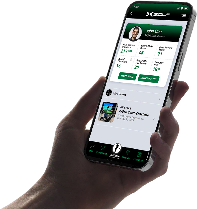 A hand holds a phone that shows the X-Golf app.